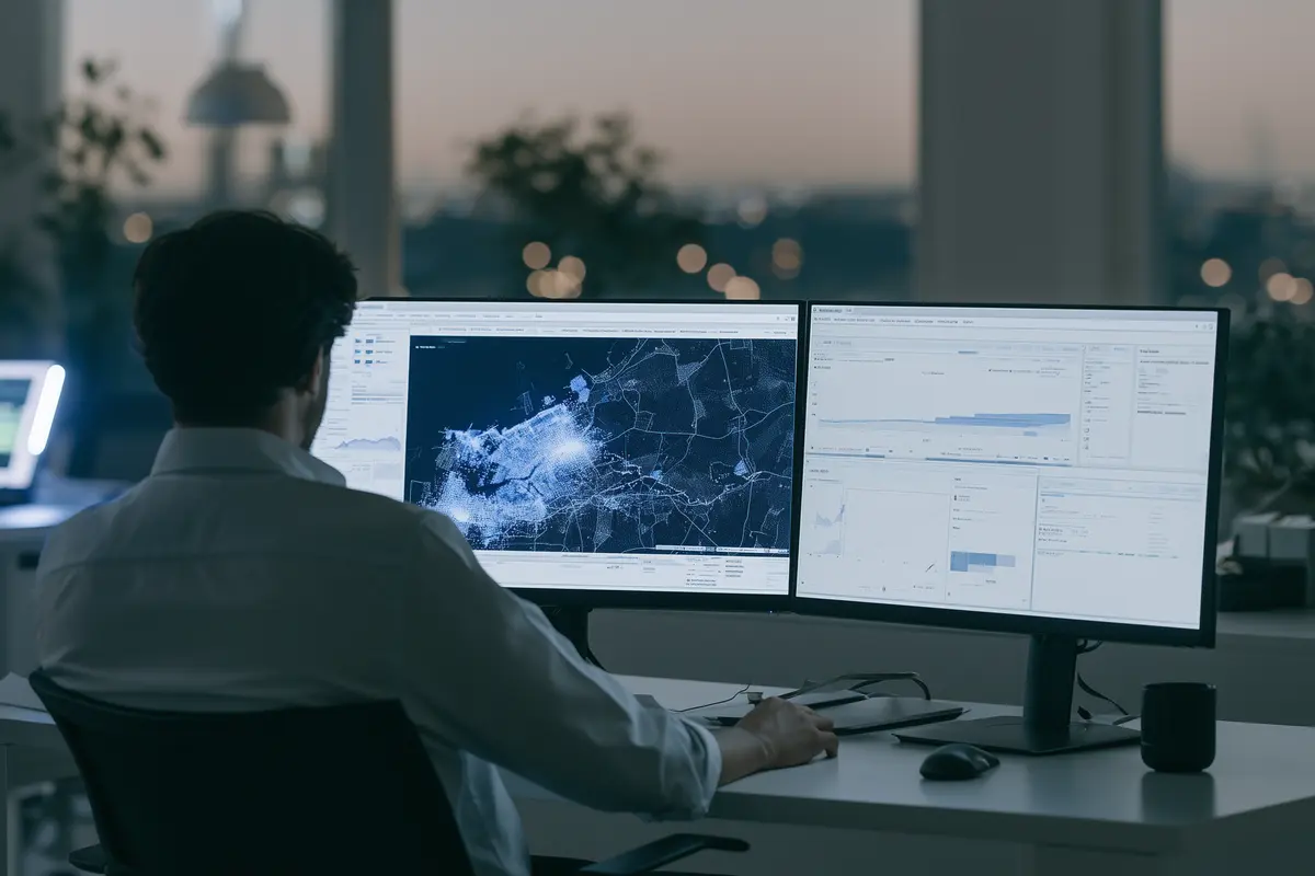 Real estate agent reviewing an AI-powered automated valuation dashboard with price heatmap on dual screens