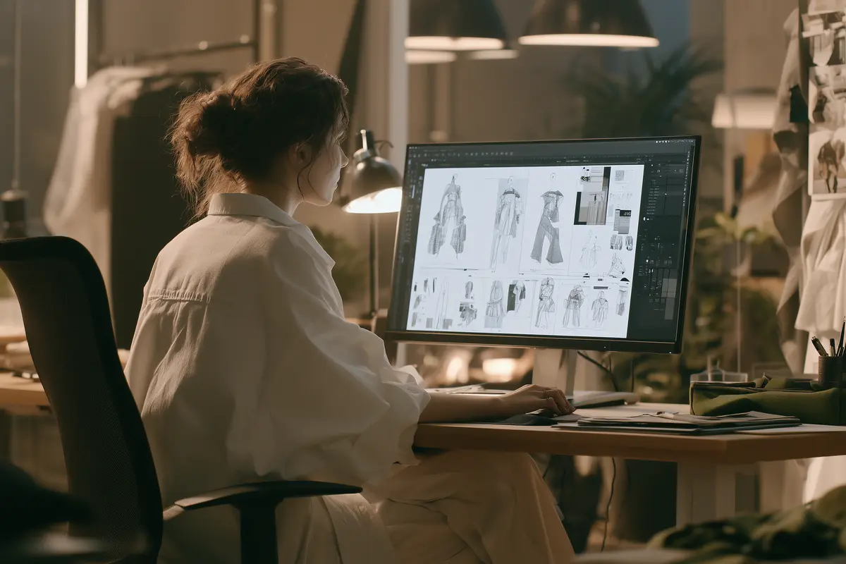 Diseñadora de moda trabajando con software de diseño generativo con IA revisando bocetos automáticos en pantalla