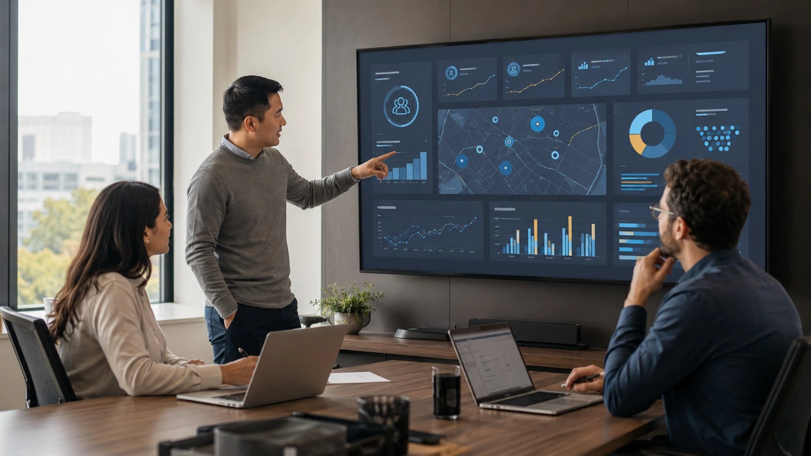 Equipo de marketing analizando un panel con métricas de personalización y previsión de demanda generadas por Inteligencia Artificial.