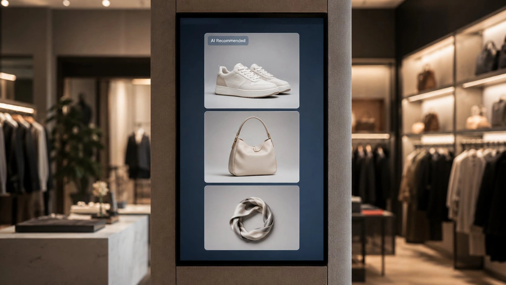 Pantalla en una tienda física mostrando recomendaciones personalizadas generadas por Inteligencia Artificial a partir del comportamiento del cliente.
