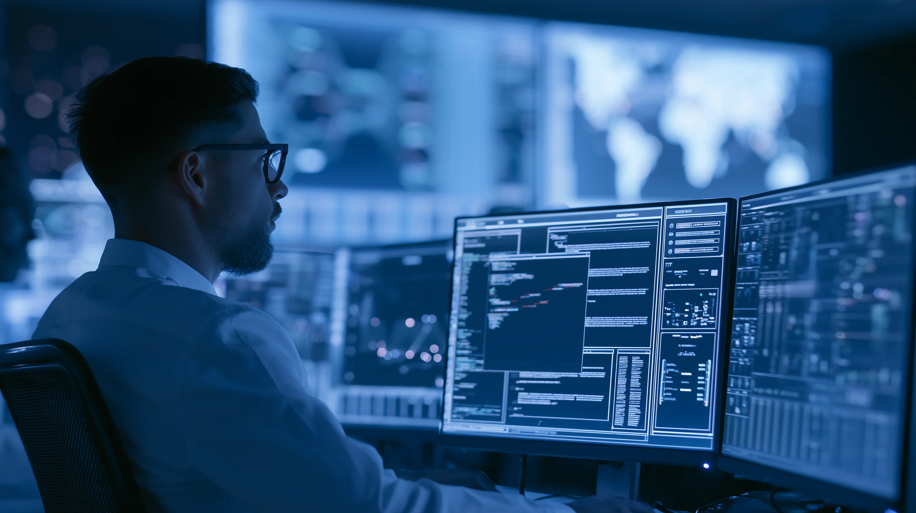 Telecom engineer monitoring an AI-powered network management dashboard on dual screens with topology map