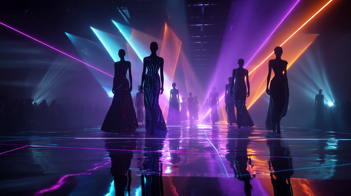 User avatar walking through a virtual fashion store in the Metaverse, trying on digital clothes through holographic interfaces.