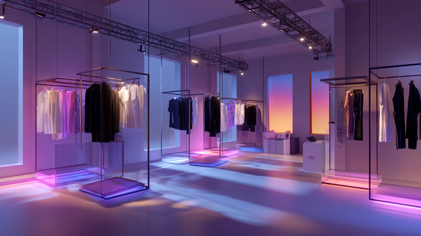 3D fashion showroom inside the Metaverse, with floating garments and interactive interfaces in a minimalist digital environment.