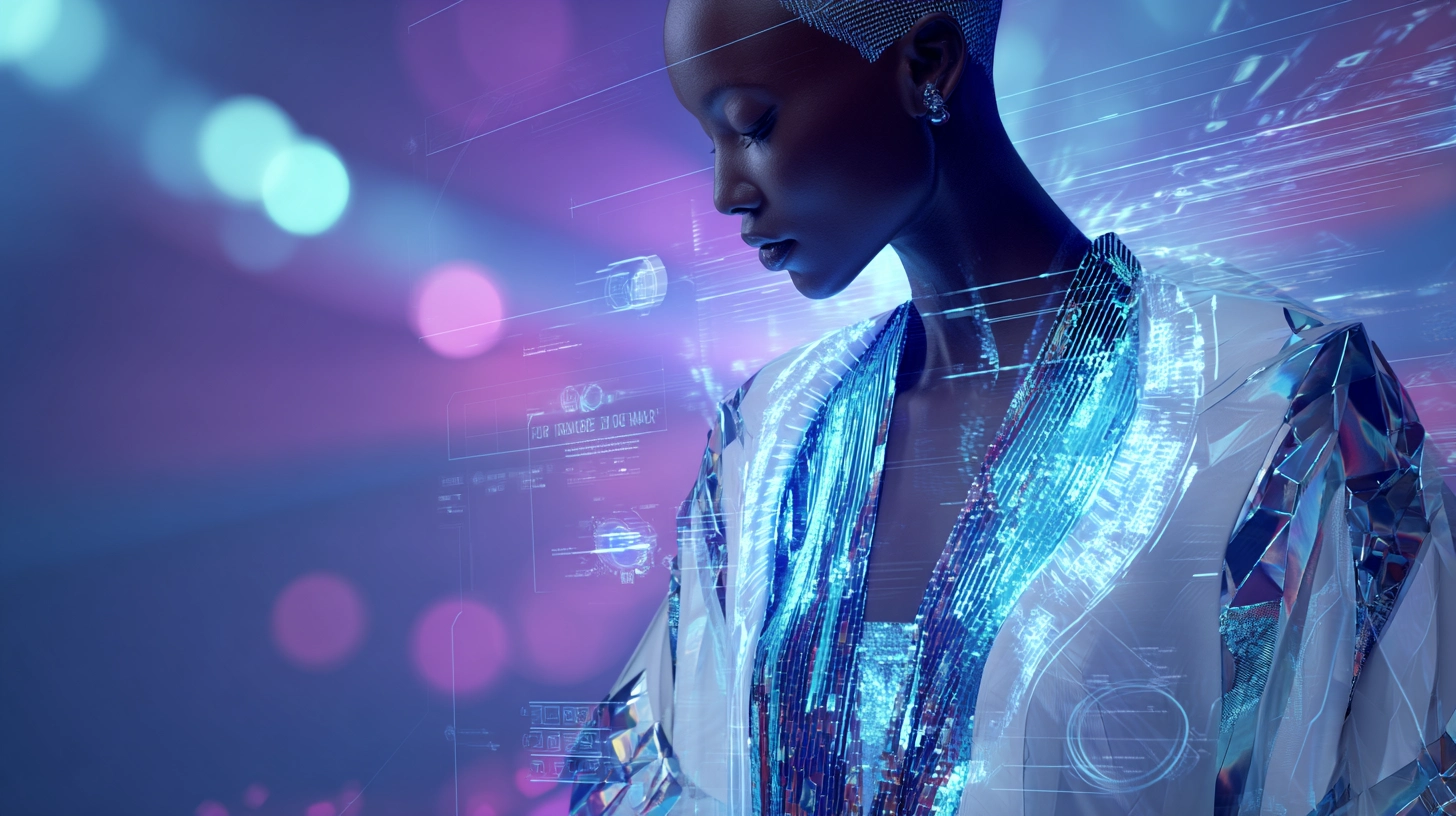 Digital fashion garment floating above an avatar in a virtual environment, with visible customization options.