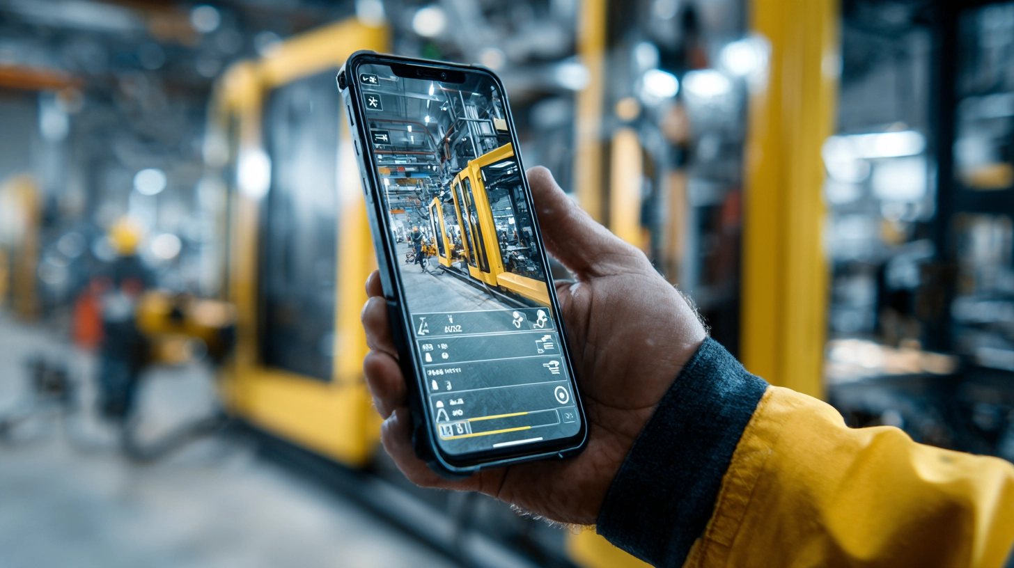 Operario de producción utilizando un smartphone con Realidad Aumentada en una fábrica
