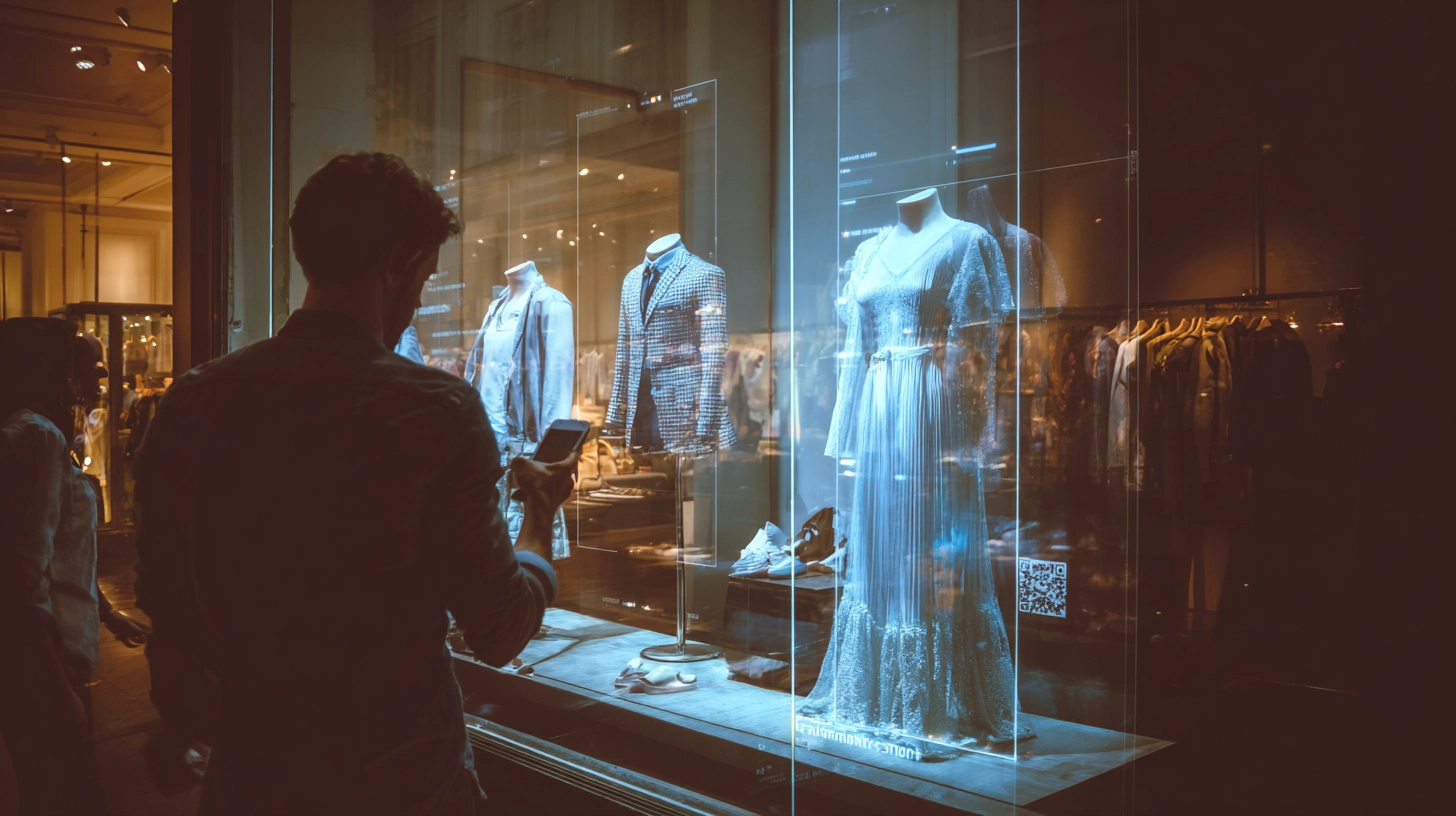 Young woman trying on virtual clothes using augmented reality in a modern fashion store.