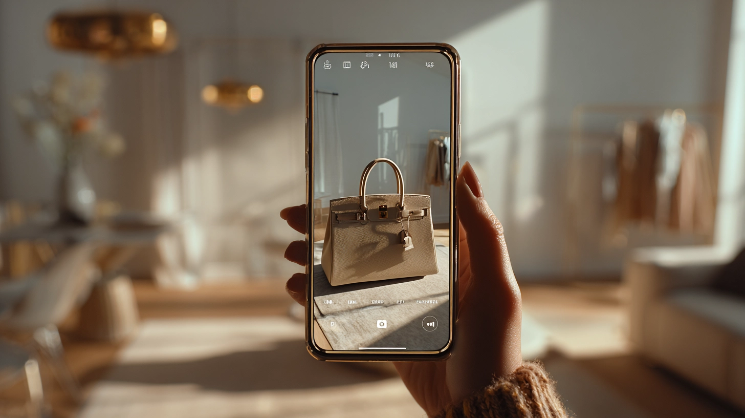 Customer visualizing a fashion handbag with augmented reality at home using a cell phone.