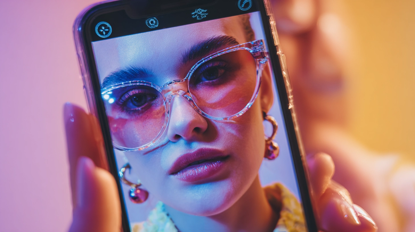 Person using an augmented reality filter on social networks to test digital accessories such as glasses and earrings.