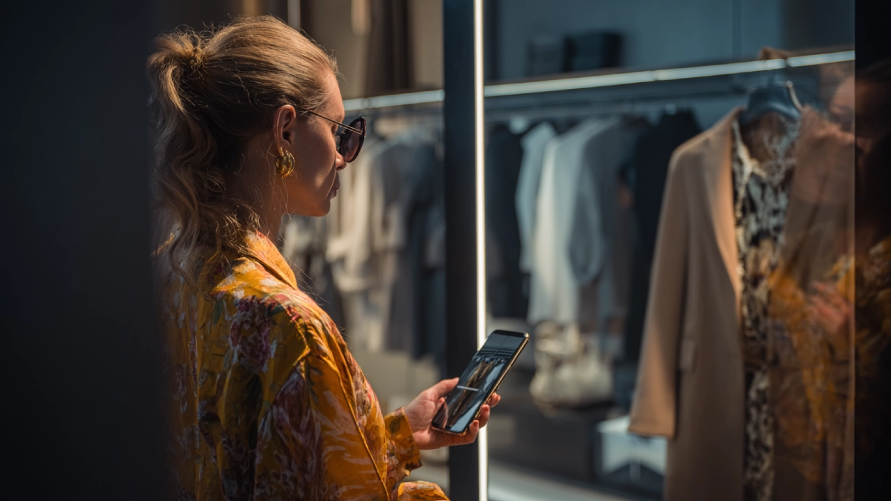 Customer using a smartphone in a store to view different types of clothing and garments using augmented reality.