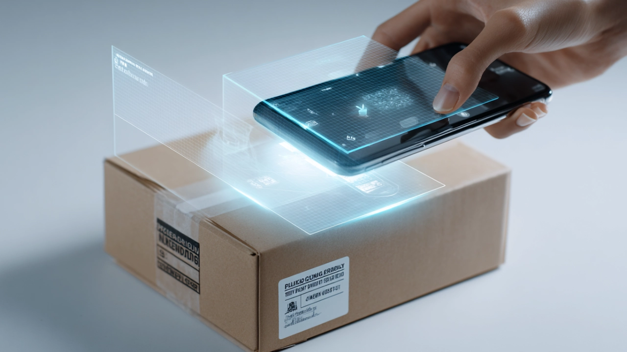 Person using his smartphone with augmented reality to scan a package and obtain information about it