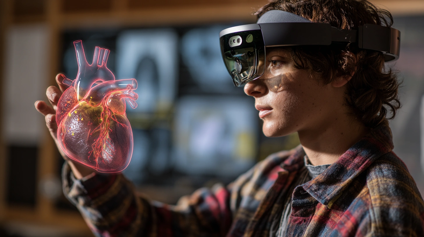 Student interacting with a 3D anatomical model using Mixed Reality in a modern classroom.