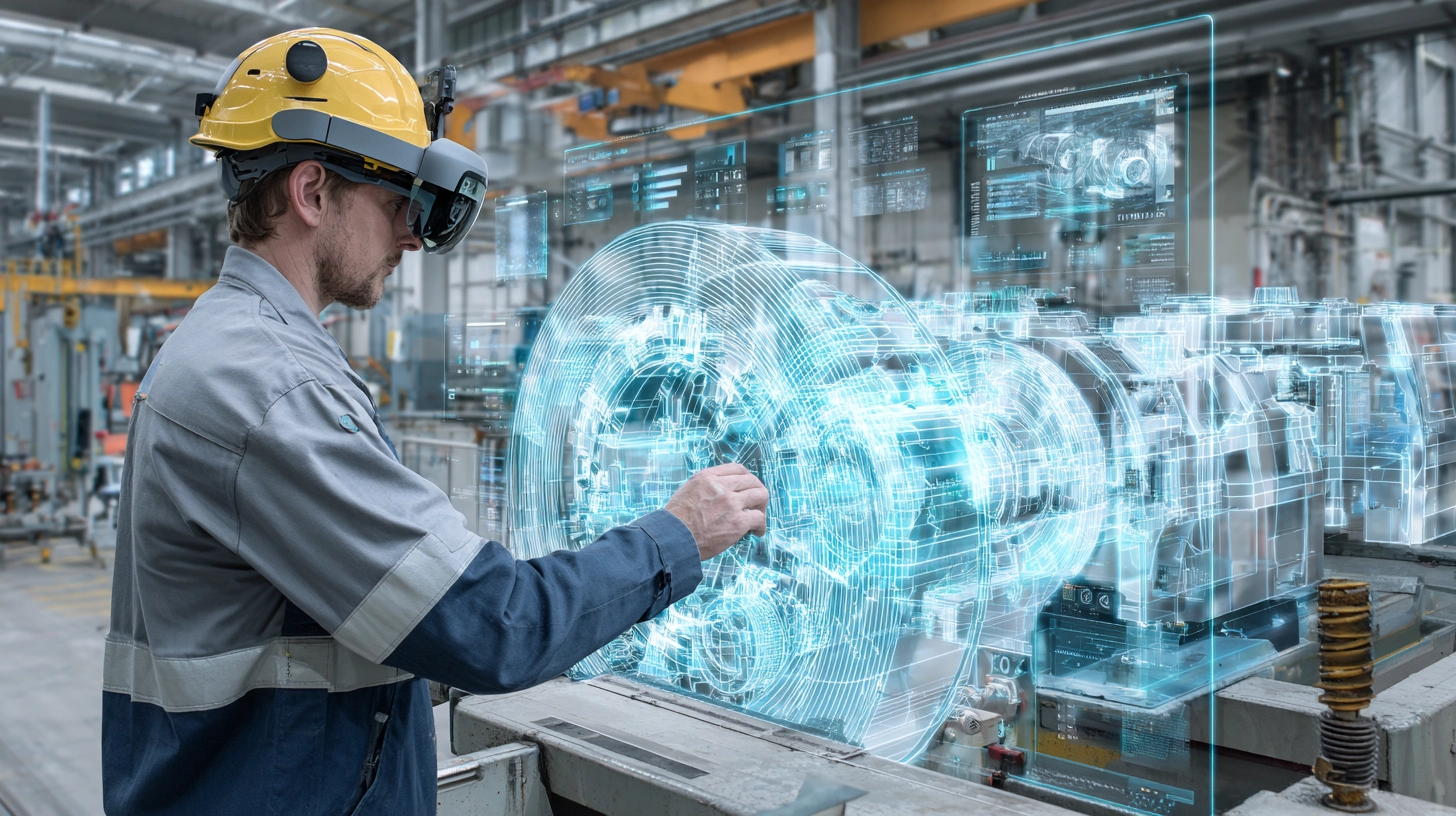 Operator in factory using Mixed Reality glasses to receive instructions on machinery in real time.