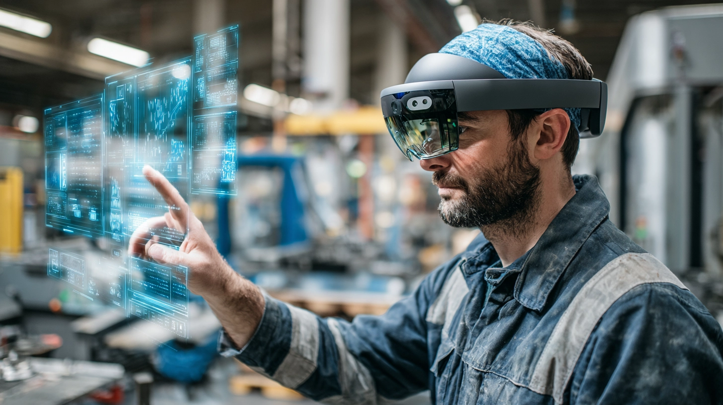 Operator in factory using Mixed Reality glasses to receive instructions on machinery in real time.