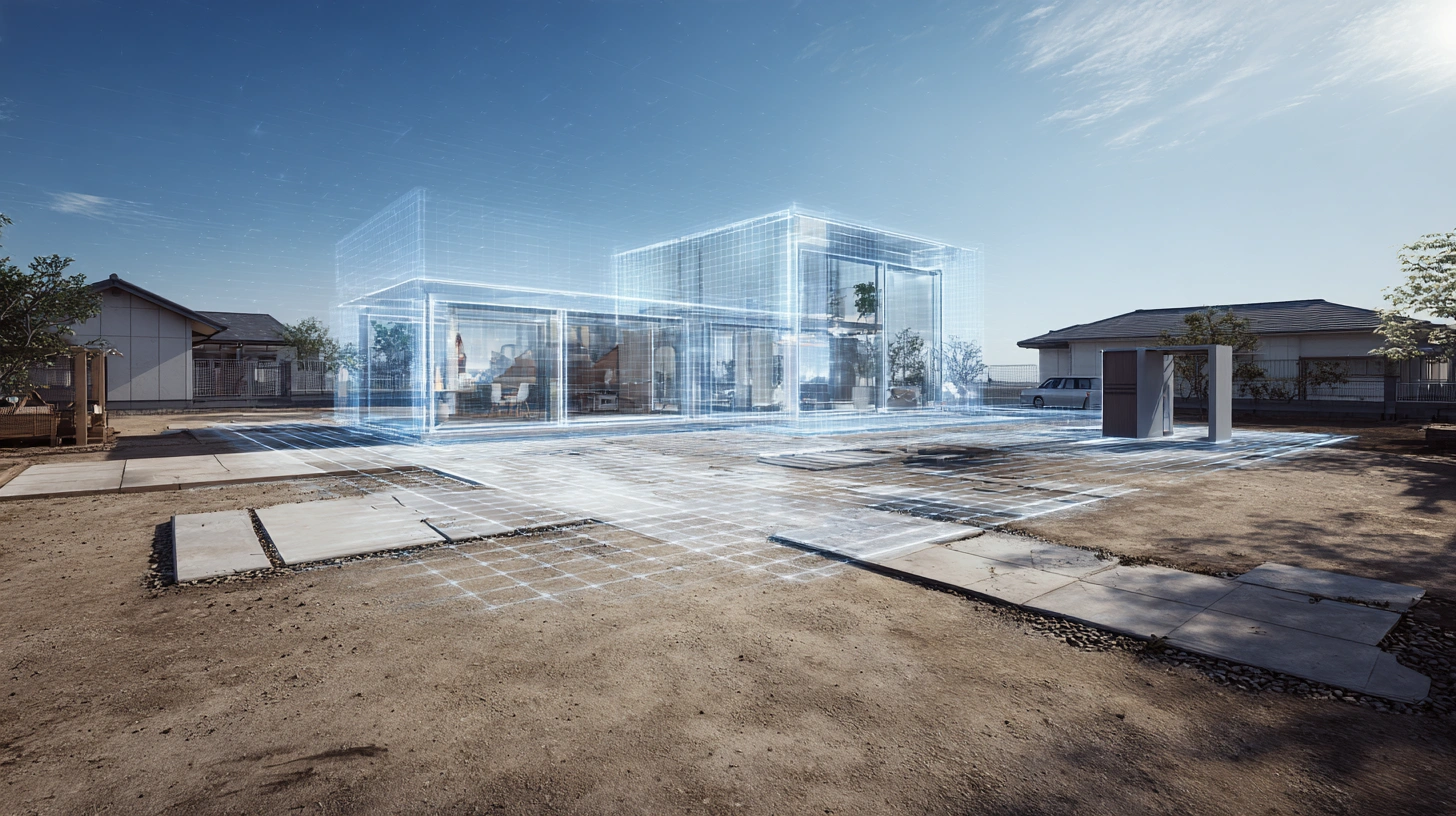 Point of view of a person using mixed reality to visualize a building prior to its construction during the real estate process.
