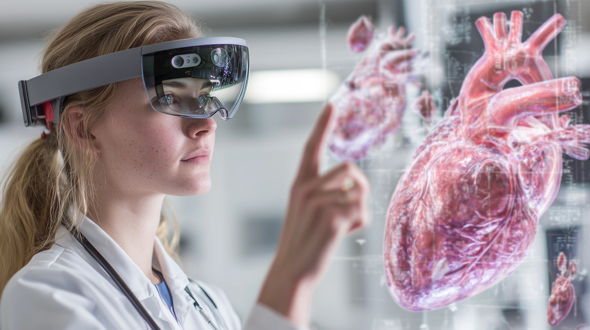Estudiante de medicina utilizando Realidad Mixta para visualizar un modelo anatómico 3D en un entorno de formación clínica.