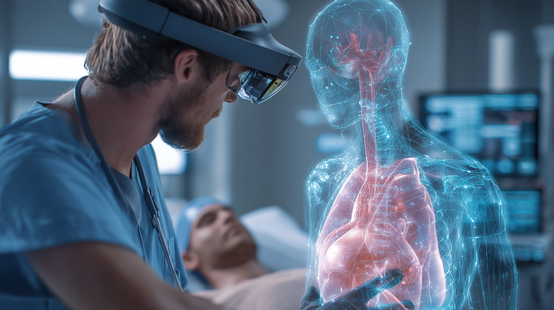 Cirujano planificando una operación con Realidad Mixta, visualizando un modelo 3D sobre el cuerpo del paciente en quirófano.