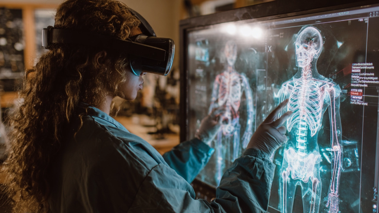 Uso de gafas de Realidad Virtual en educación en el que una alumna ve una simulación 3D del cuerpo humano