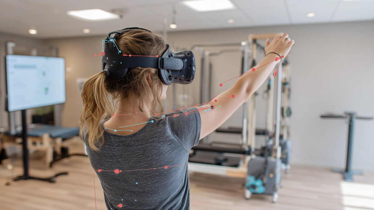 Fisioterapeuta usando gafas de realidad virtual para el tratamiento de pacientes