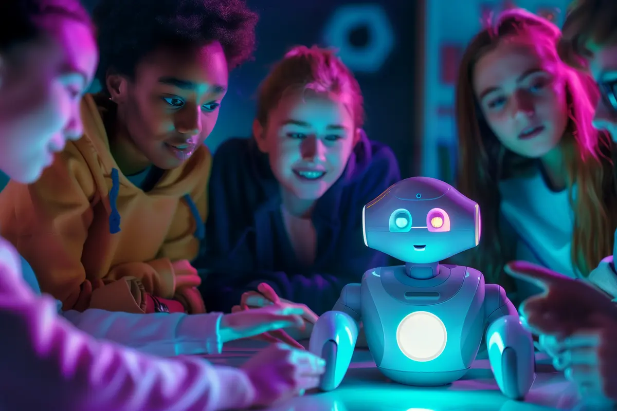 Estudiantes interactuando con un robot educativo en el aula