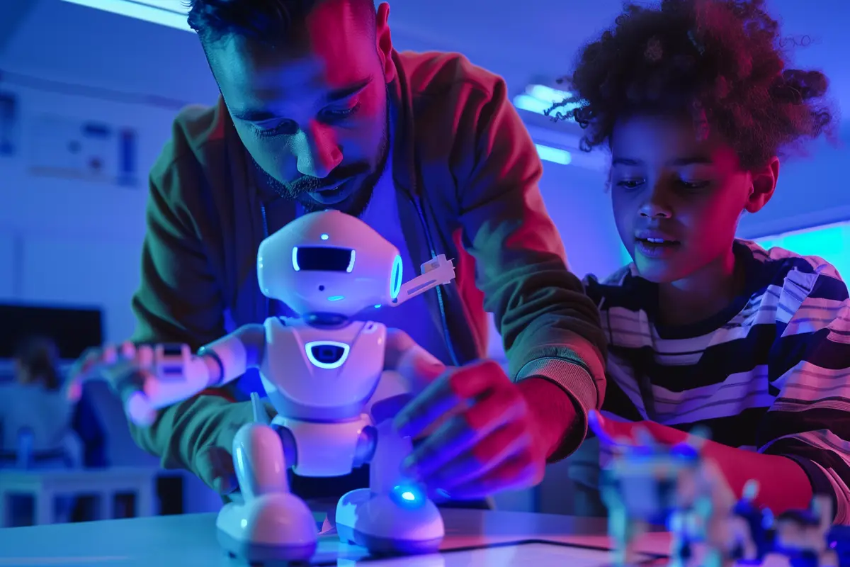 Estudiantes interactuando con un robot educativo en el aula