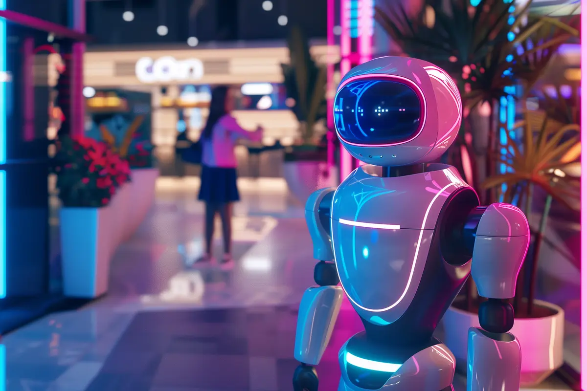 Robot asistente interactuando con clientes en un punto de venta retail