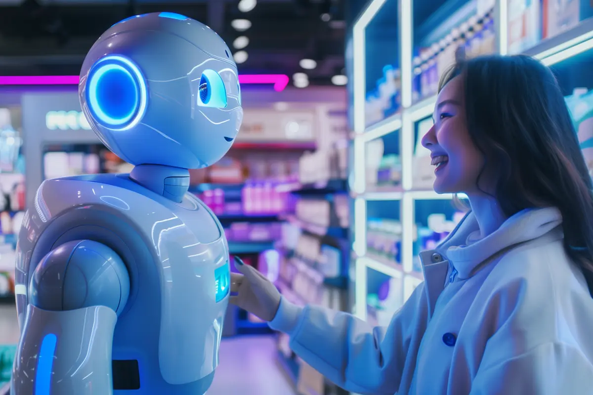 Robot asistente interactuando con clientes en un punto de venta retail