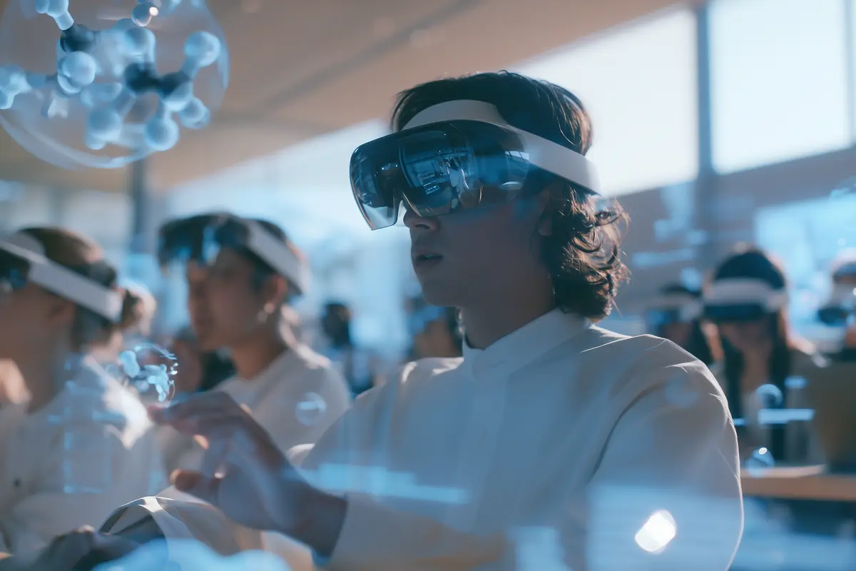 Estudiantes universitarios con gafas HoloLens interactuando con modelos 3D en aula de Spatial Computing educativo