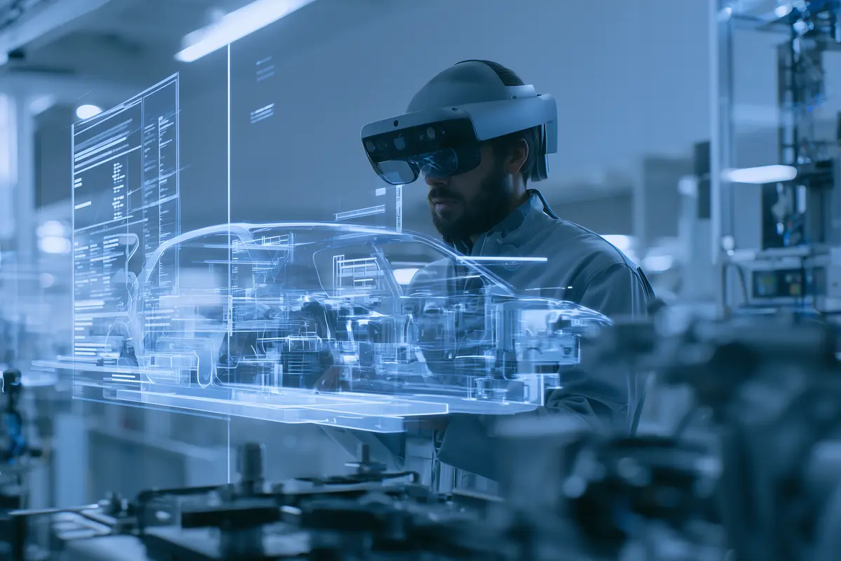 Industrial worker with Spatial Computing glasses seeing holograms over machinery on assembly line