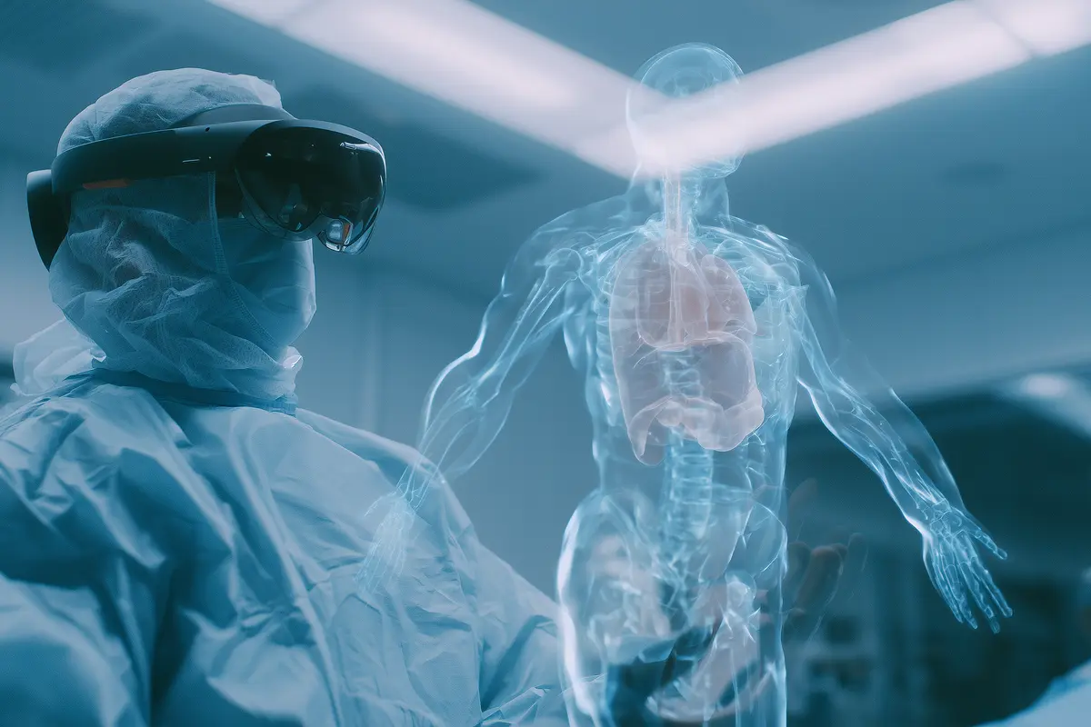 Cirujano con gafas HoloLens visualizando anatomía 3D holográfica del paciente en quirófano con Spatial Computing