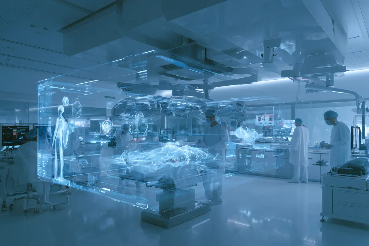 Sala de simulación médica con estudiantes usando Spatial Computing para formación clínica inmersiva