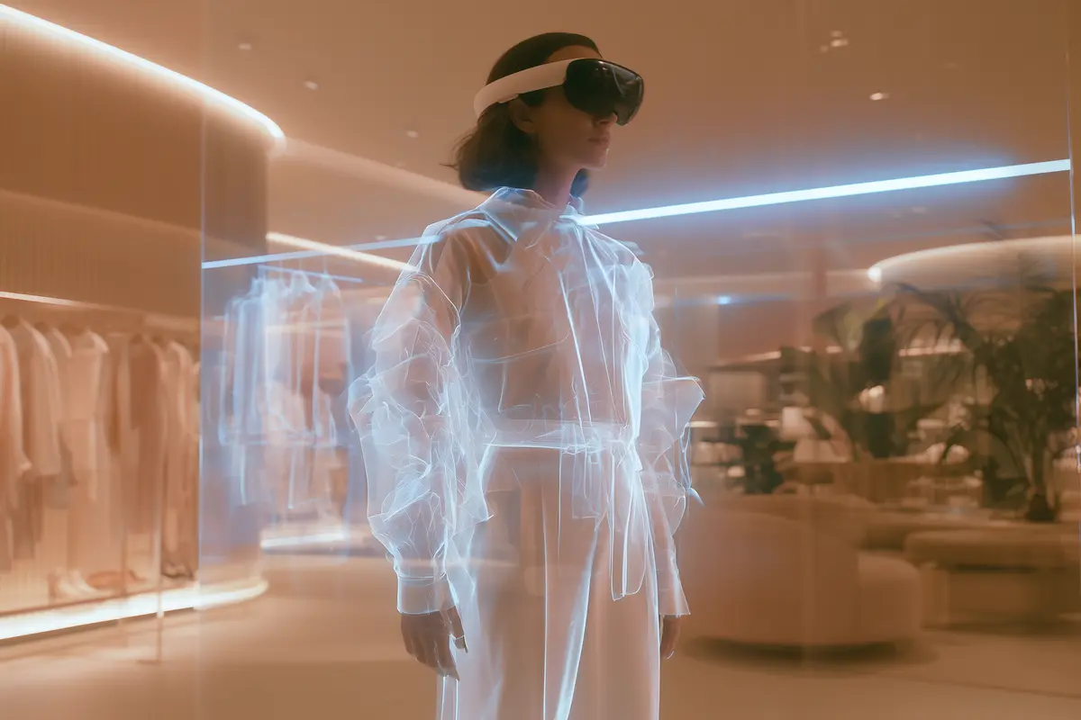 Female customer with AR glasses trying on holographic clothing in a fashion store with Spatial Computing