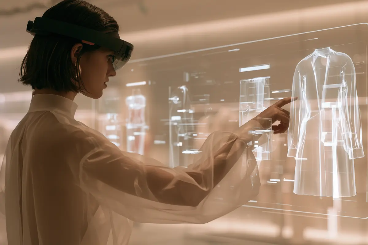 Customer in a fashion store using Spatial Computing to visualize garments on their own body