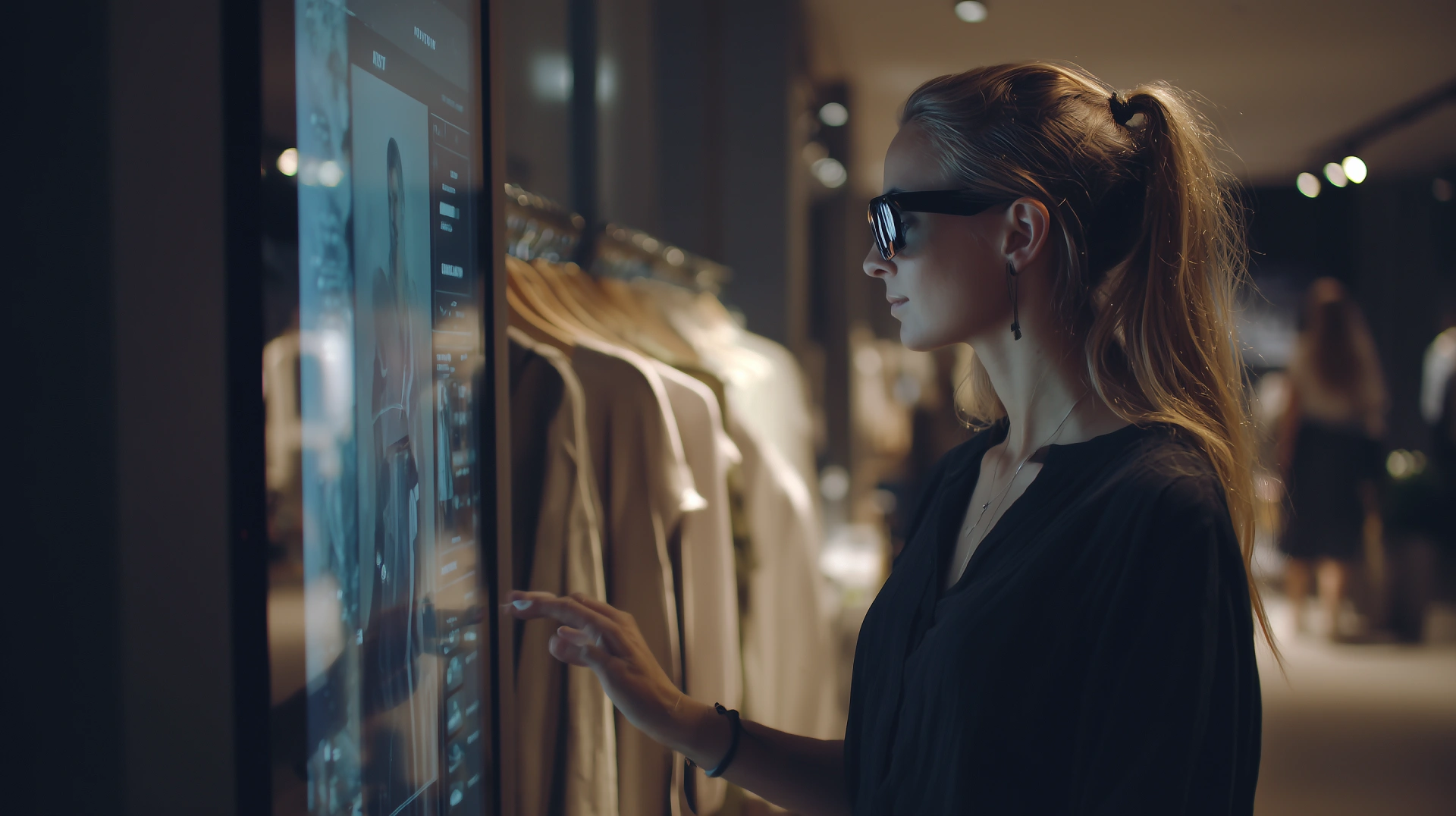 Customer in store using gestures to interact with a touchless screen thanks to Spatial Computing technology.