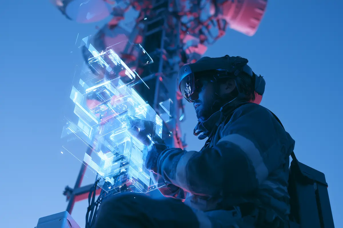 Telecom technician with HoloLens glasses maintaining a 5G antenna with holographic AR instructions