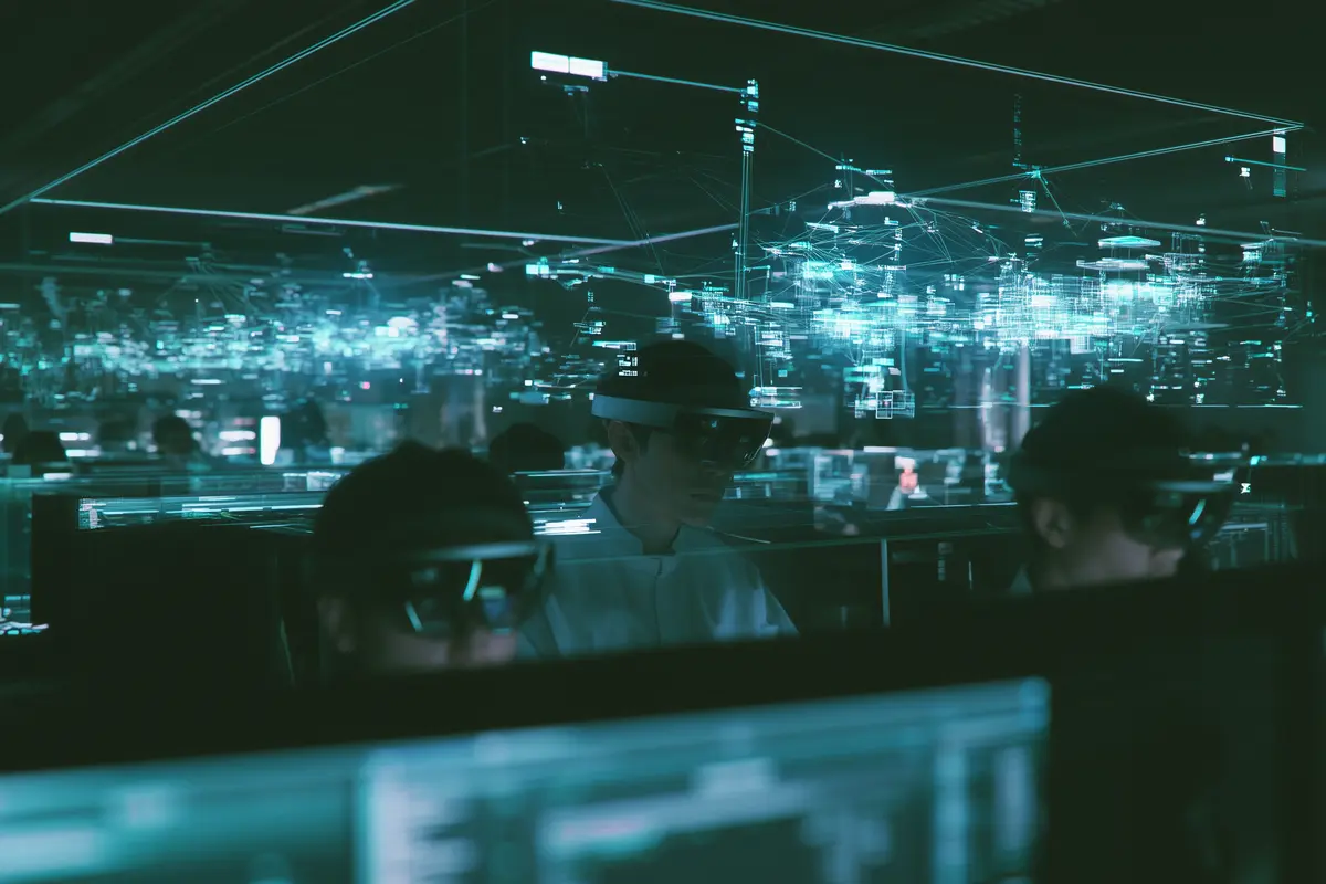 Field telecom technician wearing AR glasses for guided maintenance of 5G infrastructure