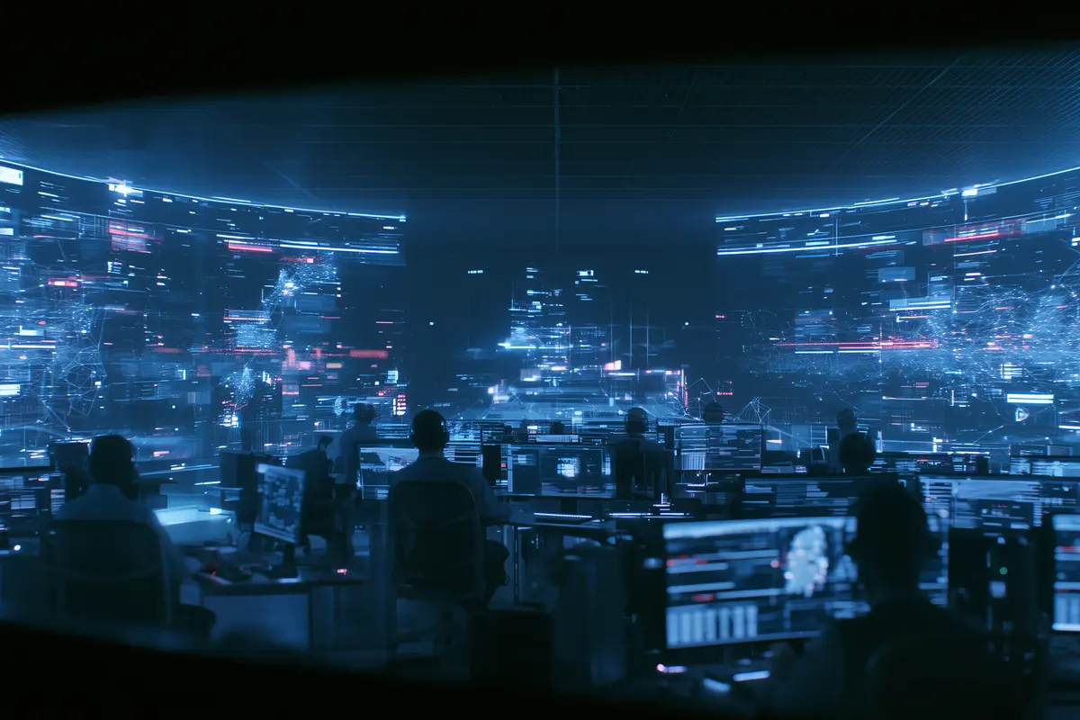 Network operations center with 3D Spatial Computing infrastructure visualization